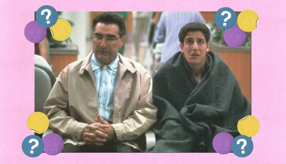Eugene Levy and Jason Biggs in a waiting room in a scene from the film 'American Pie 2'