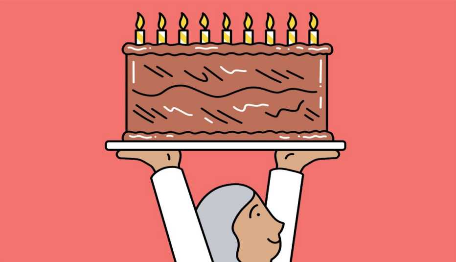 illustration of person holding up birthday cake with candles on it