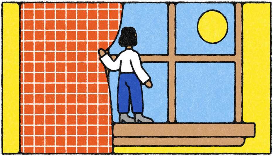 illustration of woman pulling curtain back and looking out window at sun