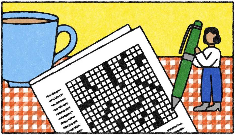 illustration of woman holding pen and writing on crossword puzzle; cup of coffee next to puzzle