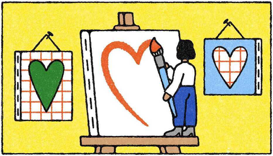 illustration of woman painting a giant heart; a picture of a heart is hung on the wall on each side