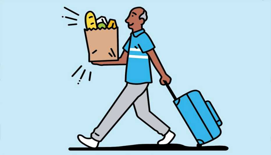 illustration of a person carrying a bag of groceries while pulling a roll-aboard suitcase behind him