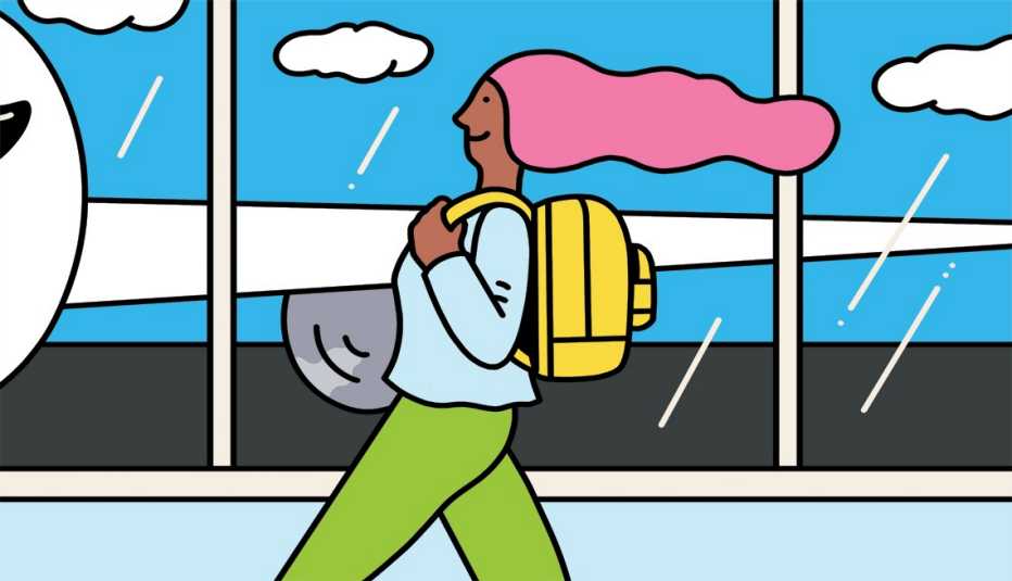 illustration of a person with a backpack in an airport walking past a window with a plane outside