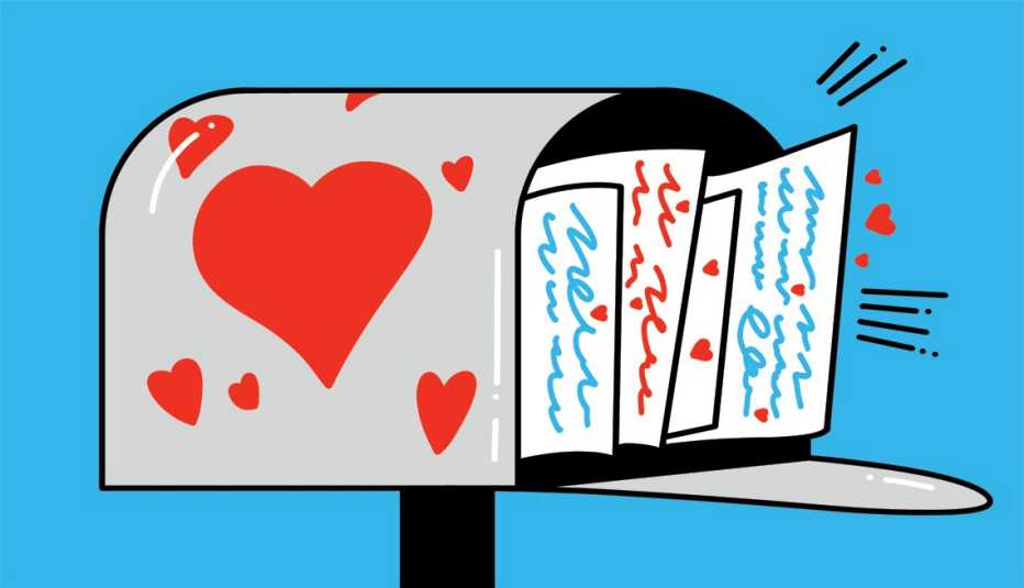 illustration of mailbox with hearts on it and letters sticking out of it