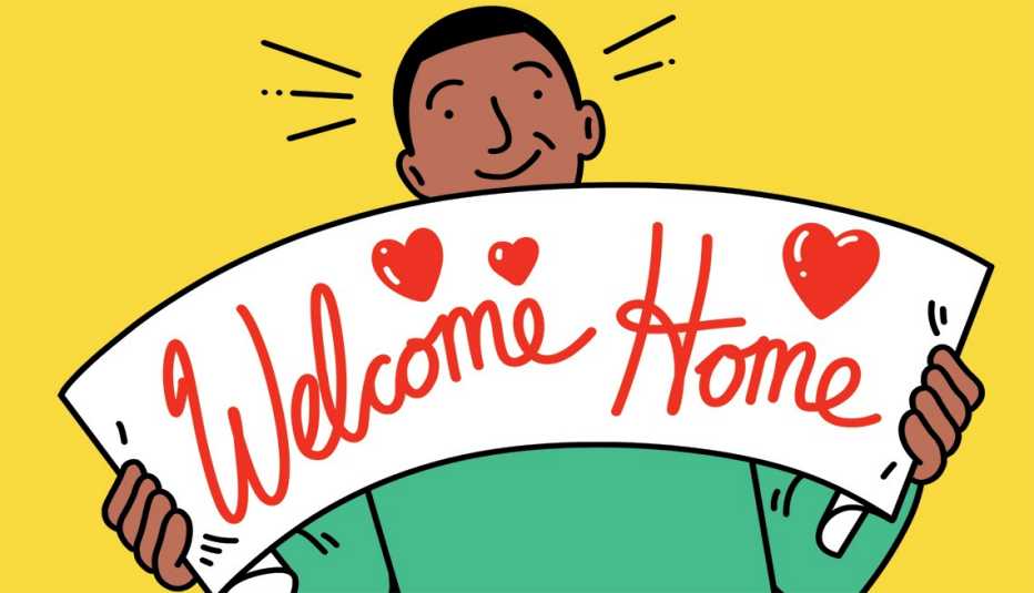 illustration of man holding sign that says welcome home with hearts on it