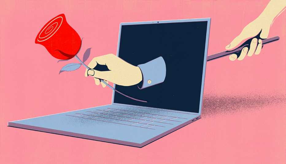 Illustration of laptop computer with hand coming out of it holding a rose; another hand behind computer holding stick