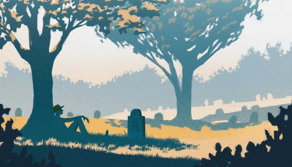 illustration of a person sitting on the ground up against a tree in a graveyard