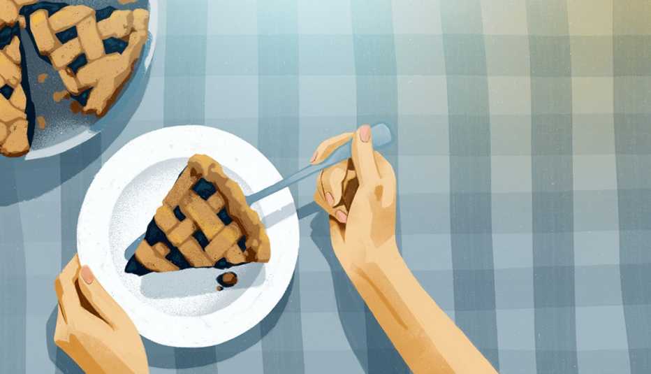 illustration of one hand holding a white plate on a blue checkered tablecloth, while the other hand puts a piece of pie on the plate using a pie cutter; part of a pie dish with pie in it is in the upper left corner
