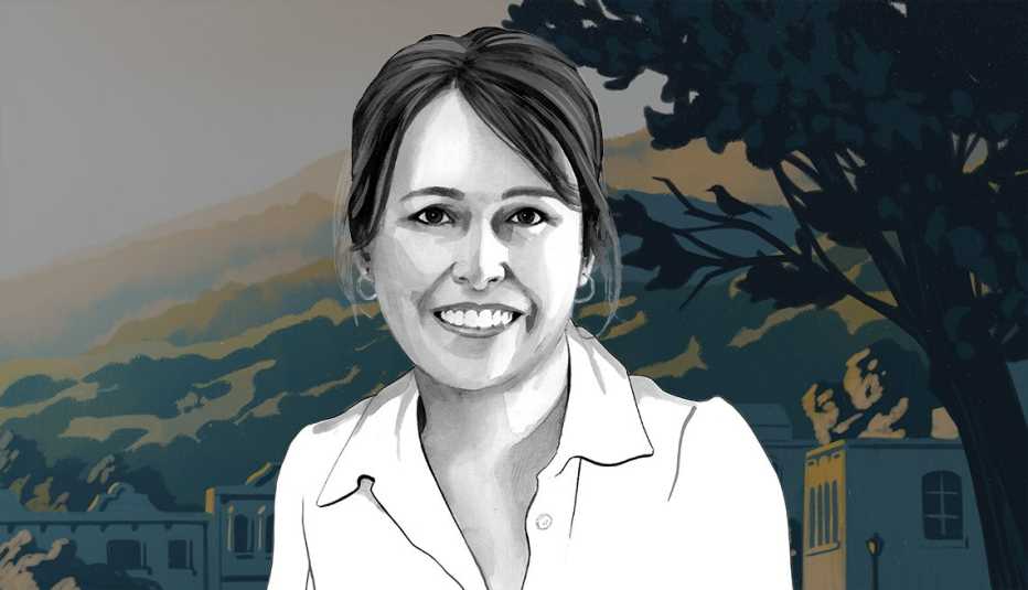portrait sketch of author heather webber overlaid on illustration of small-town buildings with mountains in the distance and a tree with birds in its branches in the foreground