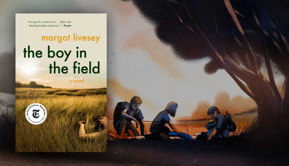 the boy in the field book cover and illustration of three teens looking at a body on the ground