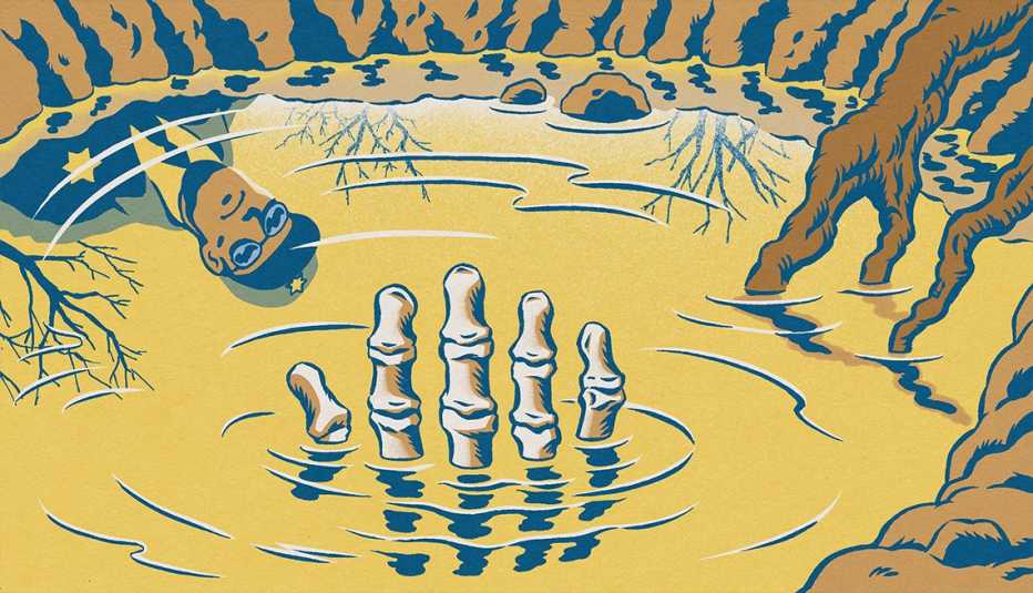 illustration showing finger bones protruding from a muddy pool with tree roots and a reflection of a man looking down