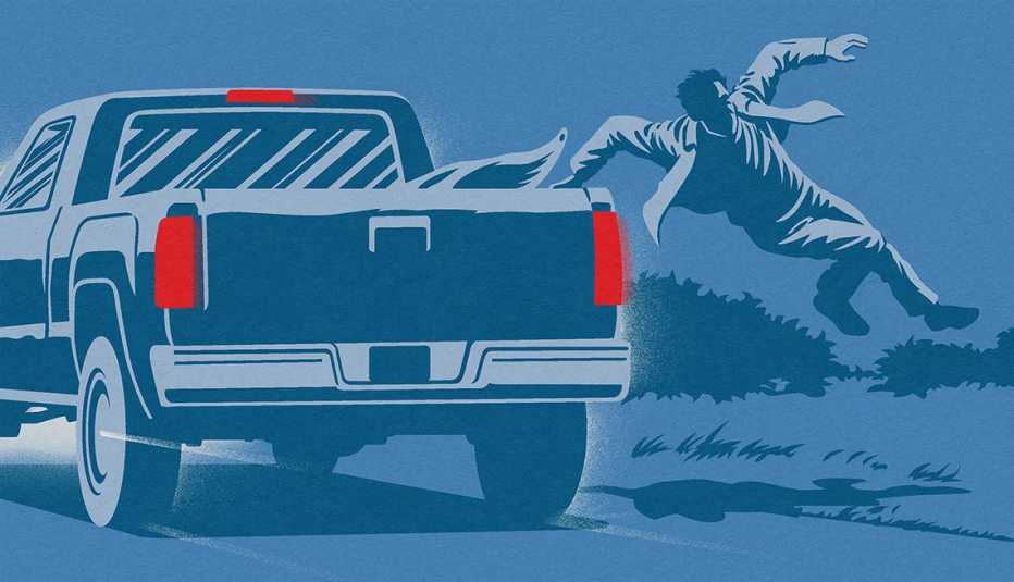 illustration of a man jumping out of the back of a pickup truck