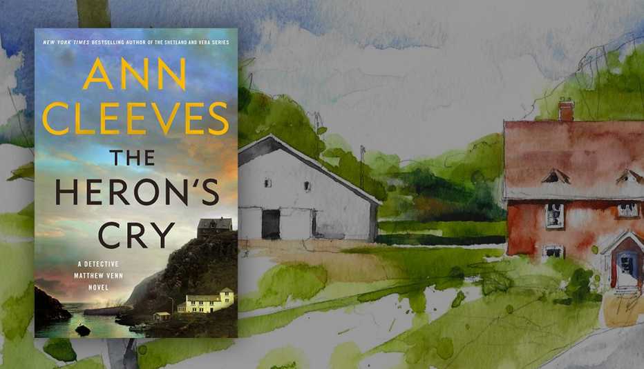The Heron's Cry by Ann Cleeves book cover overlaid on illustration of red house and white barn