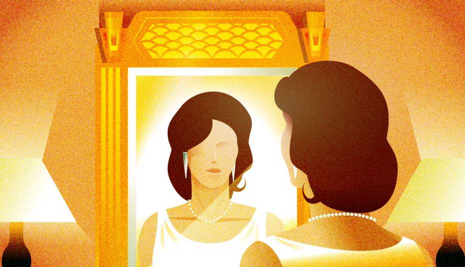 illustration of dark-haired woman looking into large gilt mirror