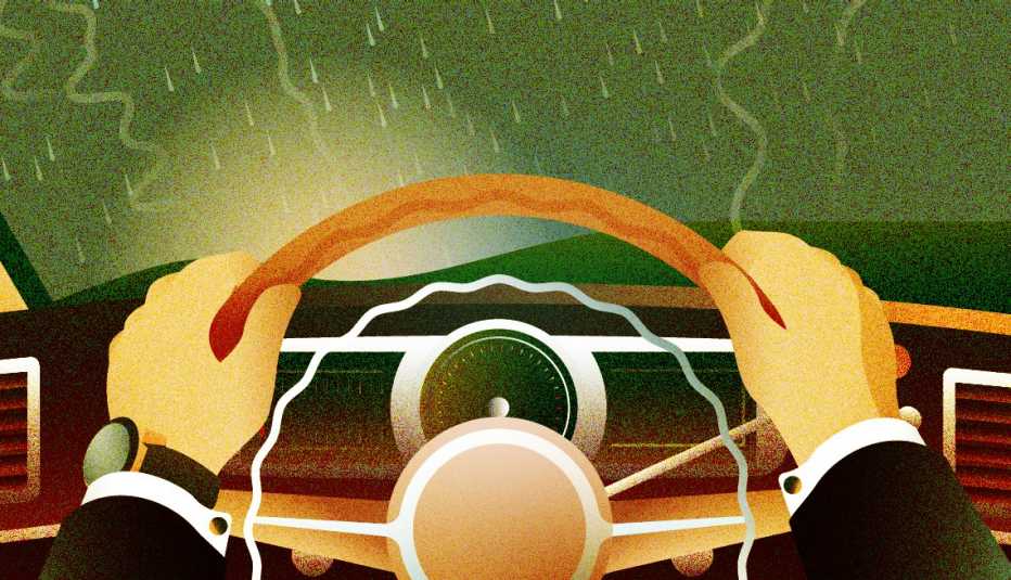 illustration of man's hands on steering wheel and rain on windshield