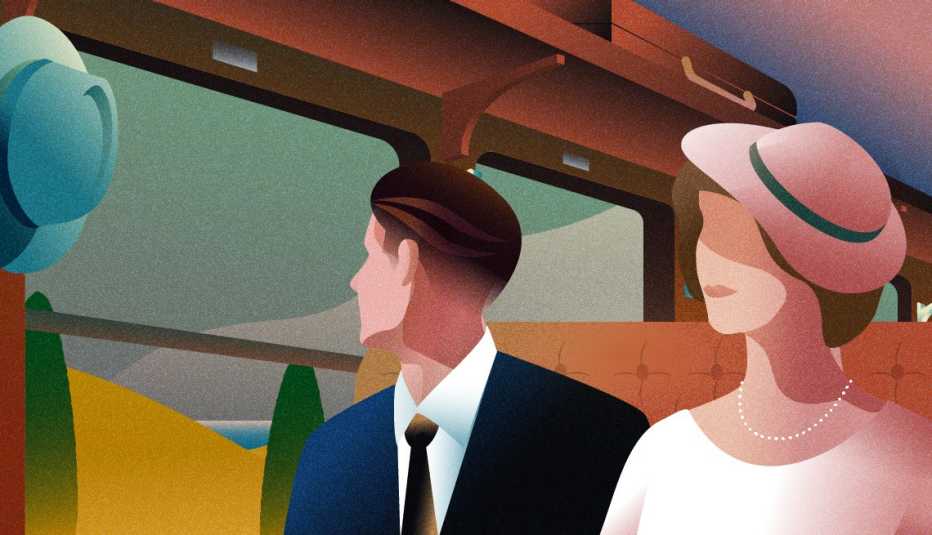 illustration of well-dressed man and woman sitting next to one another in 1930s-style train car 