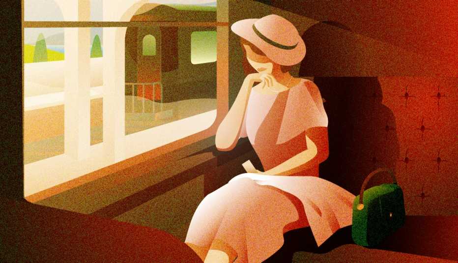 illustration of a well-dressed woman in an elegant pink dress with matching hat and green purse  sitting alone in a train car