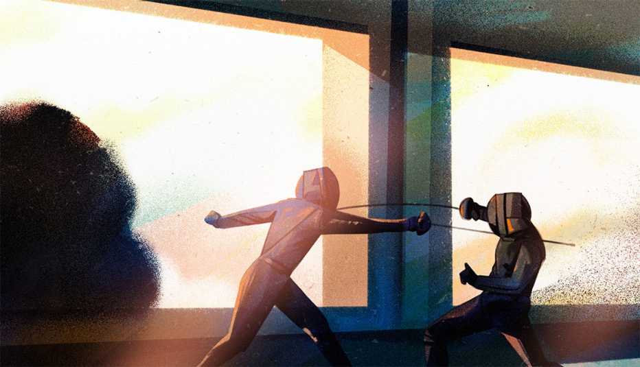 illustration of two people fencing in front of big windows