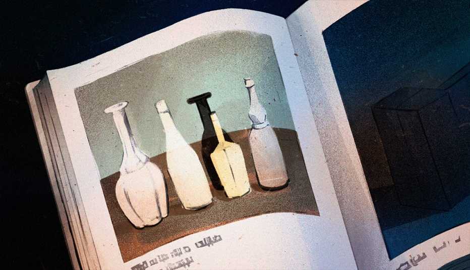 illustration of an open book showing Morandi painting with five bottles 