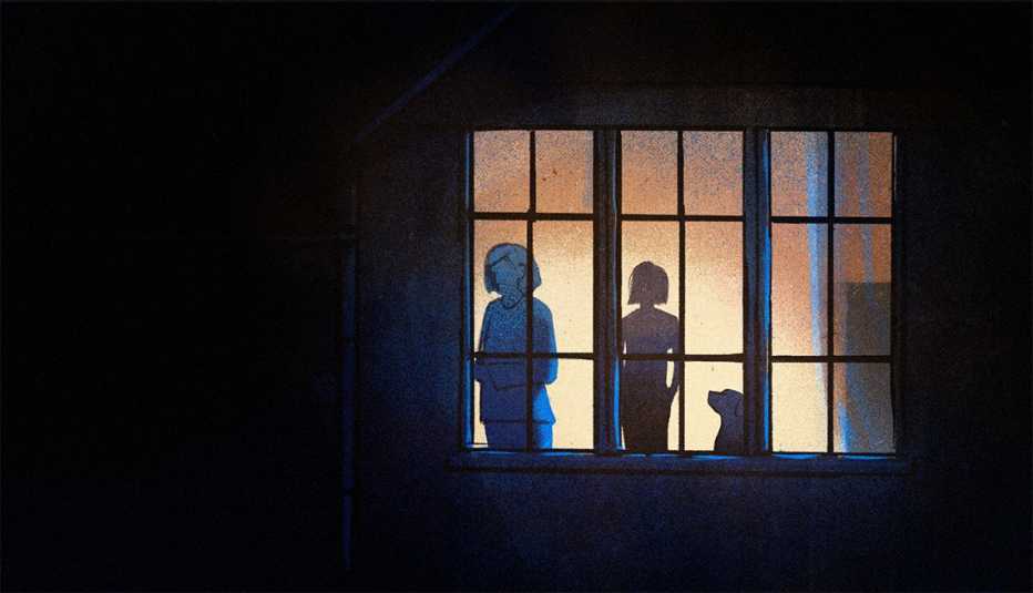 two silhouetted female figures and a dog standing inside by a window with darkness outside