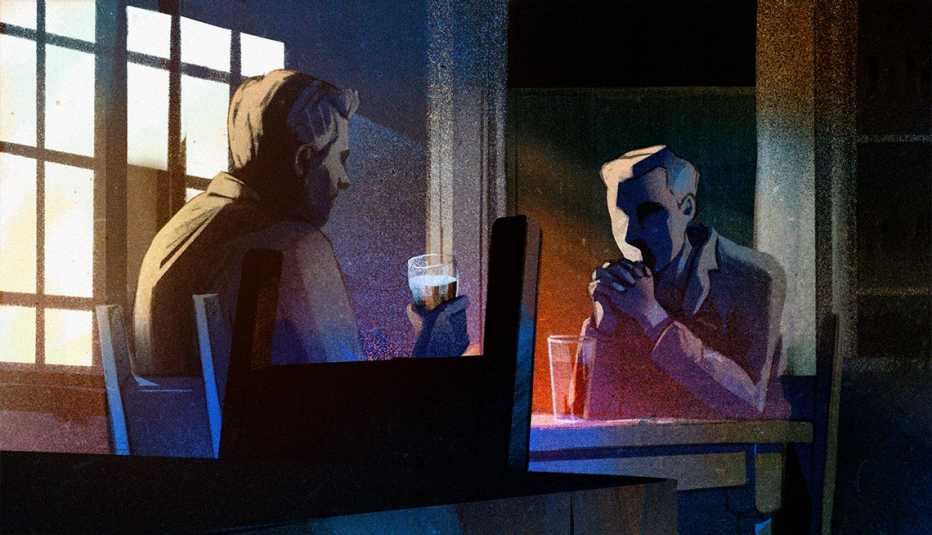 illustration of two men drinking beers at a table in a pub