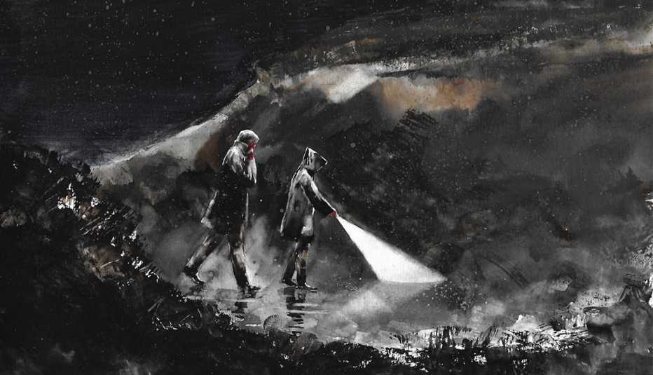 illustration of two people walking in the pouring rain at night, one leading the way with a flashlight 