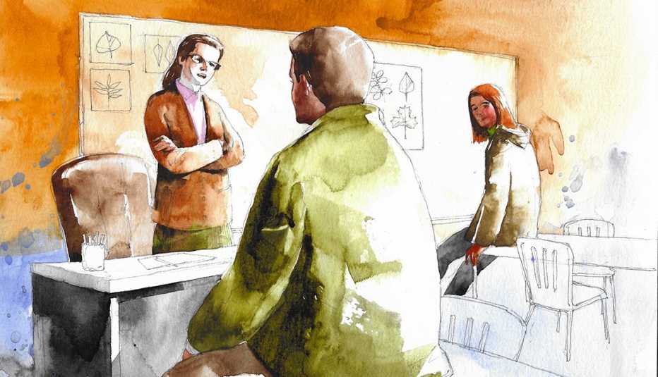 watercolor illustration of a woman with her arms crossed standing at the front of a classroom with a whiteboard behind her, and two people sitting on tables facing her