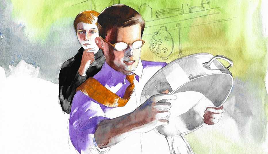 watercolor illustration of a person standing in a kitchen wearing glasses and a tie slung over the shoulder of his purple button-down shirt, looking at the bottom of a pan he is holding; the person  behind him appears pensive