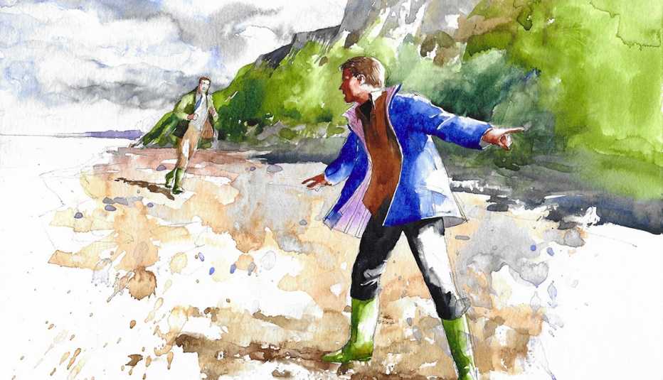 watercolor illustration shows a man wearing green boots and a blue jacket pointing at something in front of him, while looking back towards a man in a green jacket behind him on the beach beside a headland