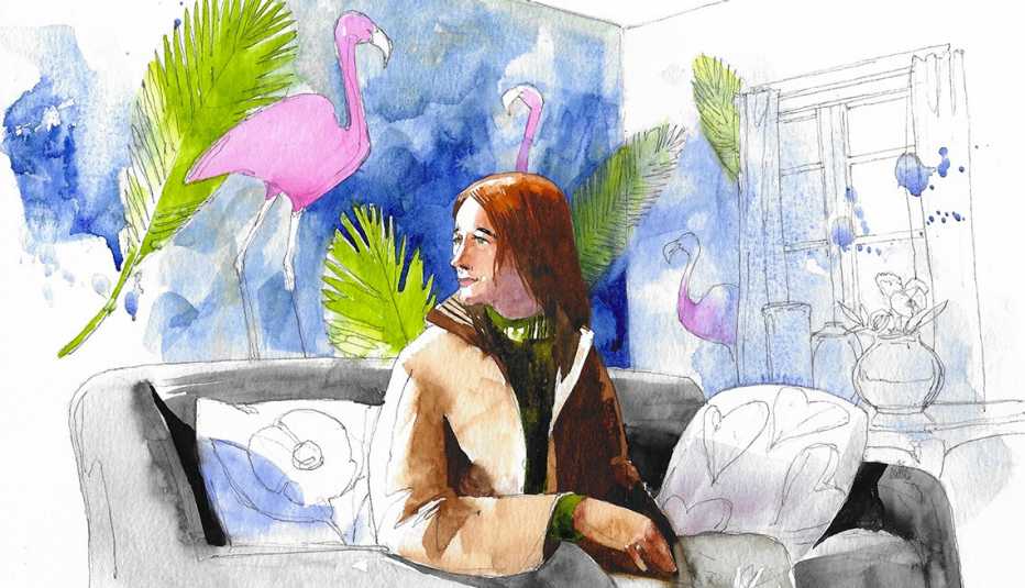 watercolor illustration of a person sitting on a couch looking over her shoulder, with big painted flamingos on the wall behind her