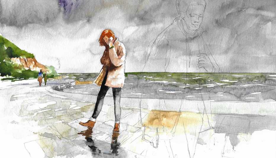 watercolor illustration of a woman standing on a beach under a gray sky with her back to the water talking on her cell phone, and a pencil sketch of another person looms in the foreground