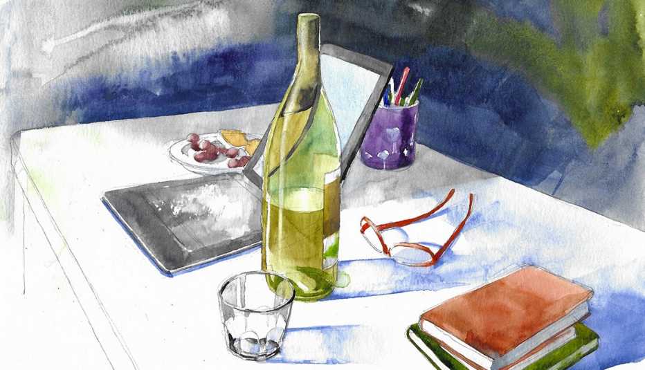 watercolor illustration of a surface upon which sit a pile of three books, a cup with pens, a tablet, a pair of reading glasses, a partly filled bottle of white wine, a glass tumbler, and a plate with a few grapes and remnants of cheese and crackers