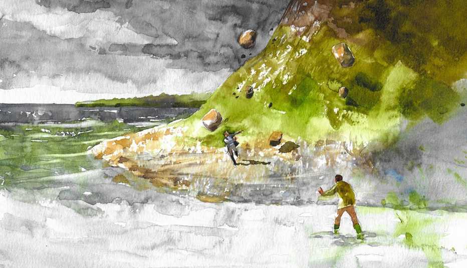 watercolor illustration of a man on a beach gesturing toward another man nearby who is running from large boulders falling from the cliff above