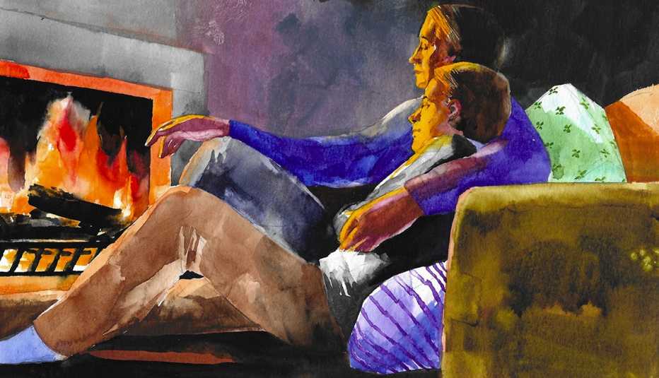 watercolor illustration of two men sitting on the floor,  one with his arm around the other, leaning against a sofa, watching a roaring fire in a fireplace
