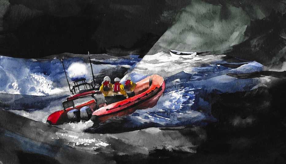 watercolor illustration of three people wearing white helmets and life jackets in an orange rigid inflatable boat in rough waters with headlights on in the dark, heading towards an unmanned rowboat