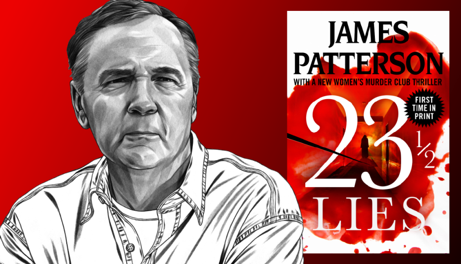 illustration of james patterson next to cover of his book 23½ Lies against a red background