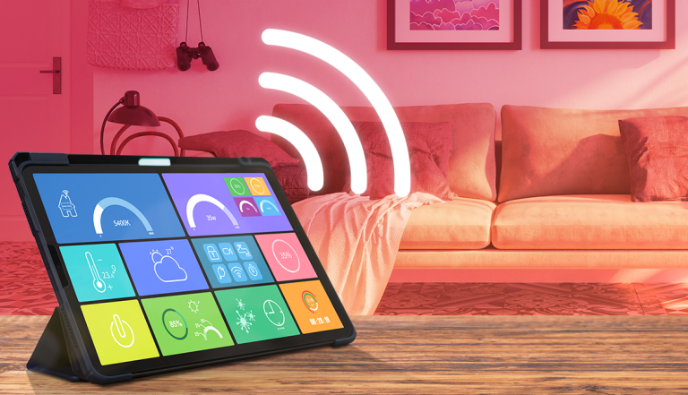 a tablet displaying smart home controls in a living room