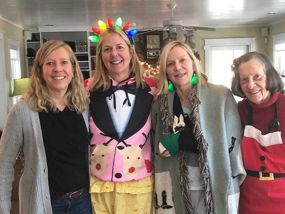 lee woodruff with her mom and sisters wearing funny holiday sweaters and outfits
