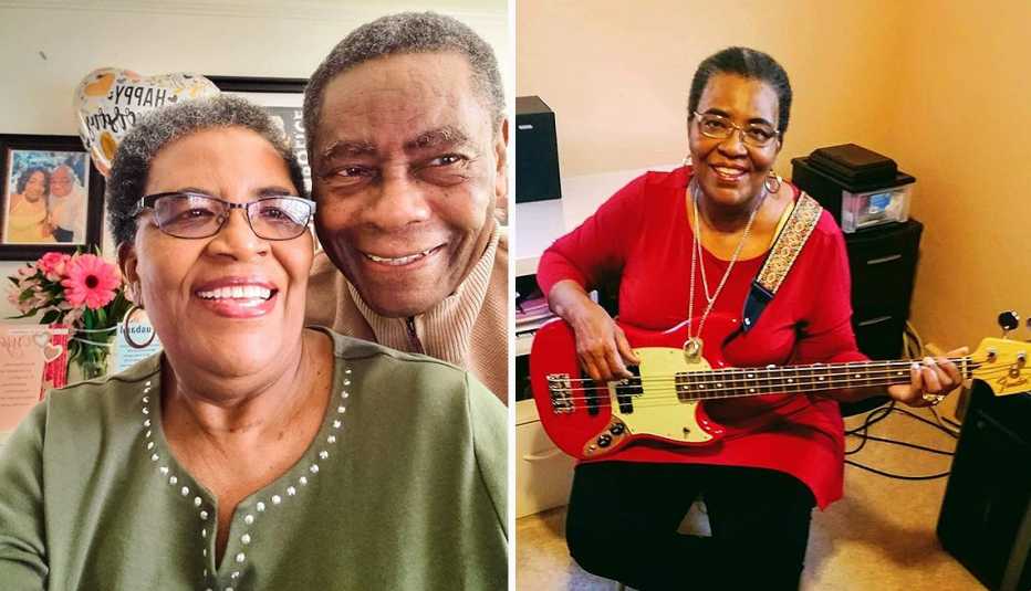 mary ann lightfoot in two photos on the left with her husband jim and another of her playing the bass guitar at home