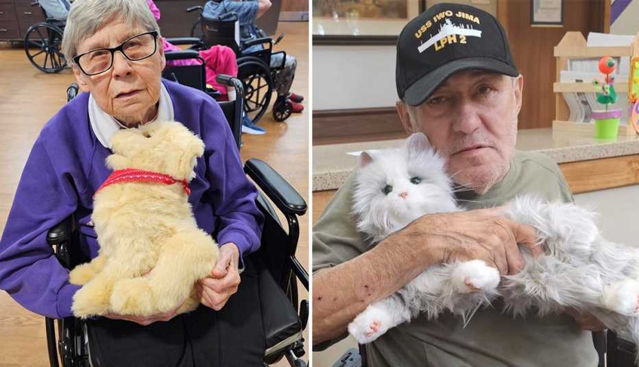 two residents of a texas state veterans home iris pierce holding a robotic dog on her lap and gerardo soleto cuddling a robotic cat