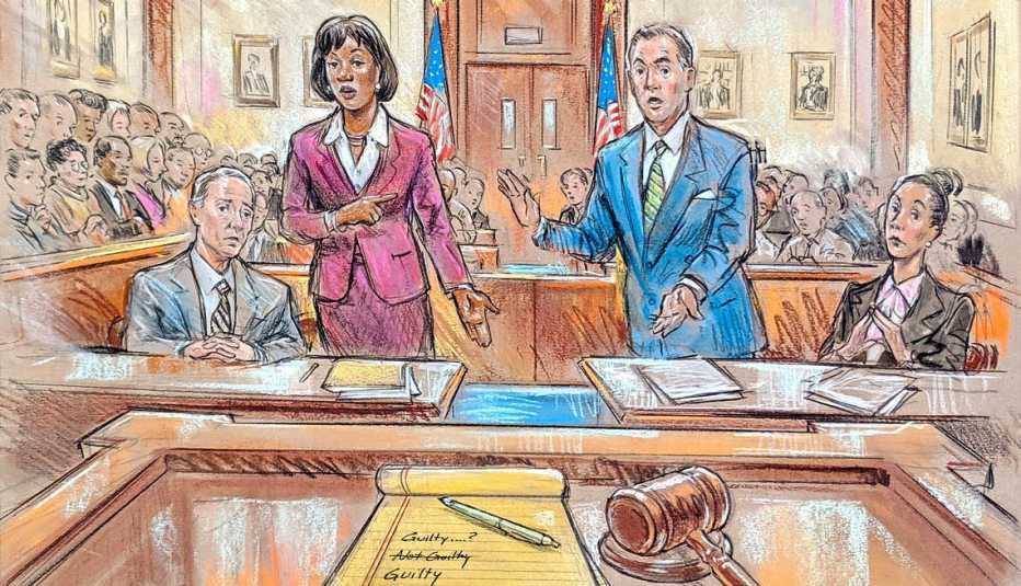 Lawyers arguing in court in this drawing