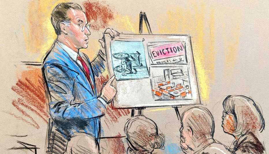 A lawyer standing next to a board during a trial in a court room in this drawing