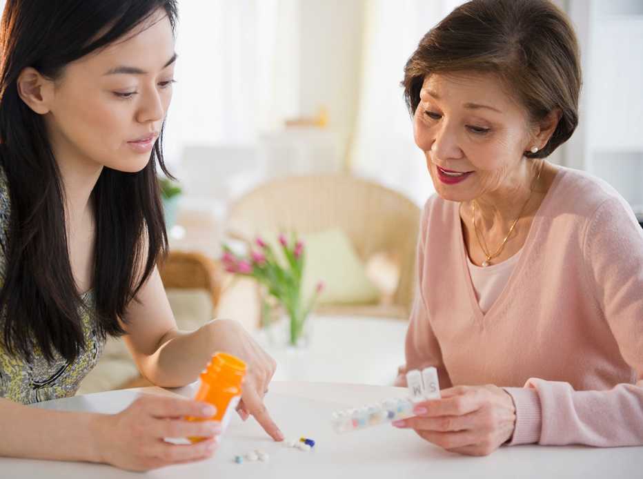 Adult daughter sorts through prescription pills with her mother