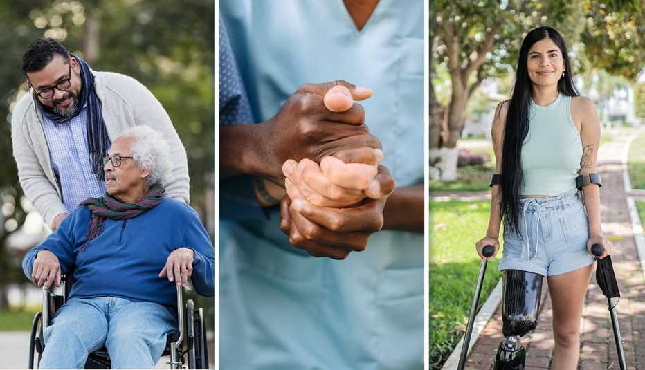 caregiver pushing an older man in a wheelchair two hands holding a younger and an elderly hand and a woman with a prosthetic leg and crutches to show the range of medicaid long term care