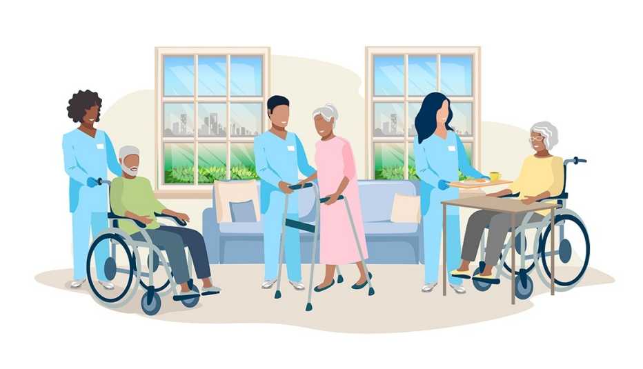 an illustration shows nurses caring for various older adults in a nursing home setting.