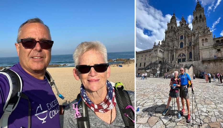 two photos of bob and gretchen evans one at a beach coastline and another in front of a cathedral in europe