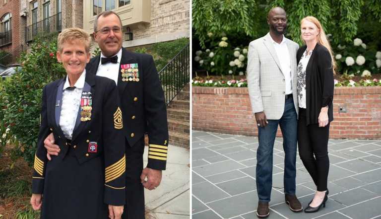 two photos of veteran couples on the left are bob and gretchen evans both in dress uniforms and on the right are briarly and marcus wilson