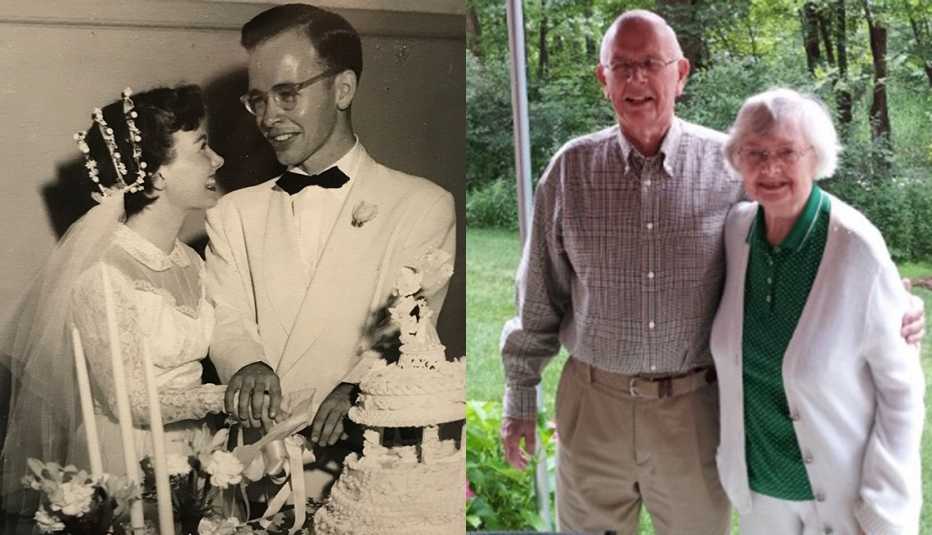 Tom and Margot cutting the cake on their wedding day in 1951 and a current image of Tom and Margot