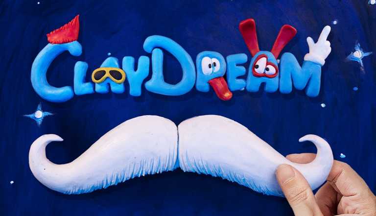 mustache with the word claydream above it; claydream has a hat on he c, sunglasses on the a, tongue sticking out of the r, ears on the second a and hand on the m