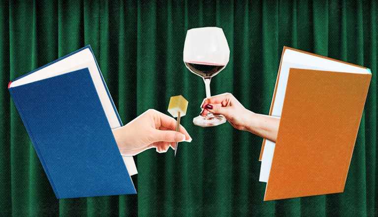 Illustration of blue book on the left with hand coming out of it holding a piece of cheese on a toothpick; tan book on the right with hand coming out of it holding a glass of red wine; against dark green curtain-like background